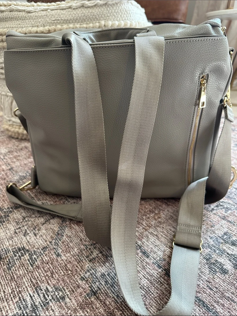Fawn Design Light Grey Baby Bag Backpack with Gold Hardware